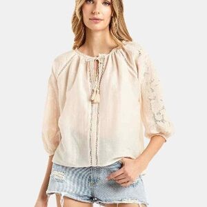 Secret Mission NWT Silk Rachel Blouse Embroidered Tassel Top in Almond Butter
